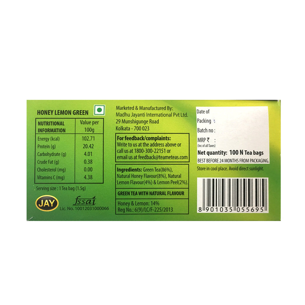 TEA BAGS GREEN TEAHONEYLEMON (PACK OF 100NOS) NAKED - 36 NOS CARTON BOX